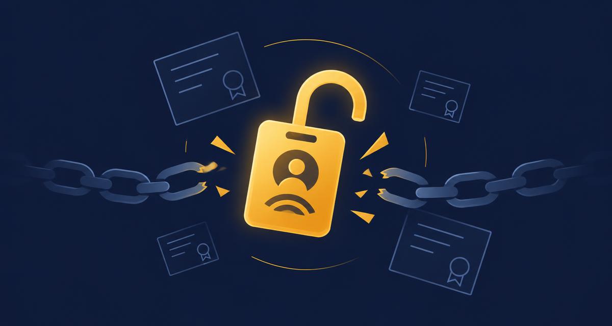Editorial illustration of a golden open padlock shaped like a credential badge breaking free from a chain on a dark navy background, symbolizing open badge credentials independent of vendor lock in