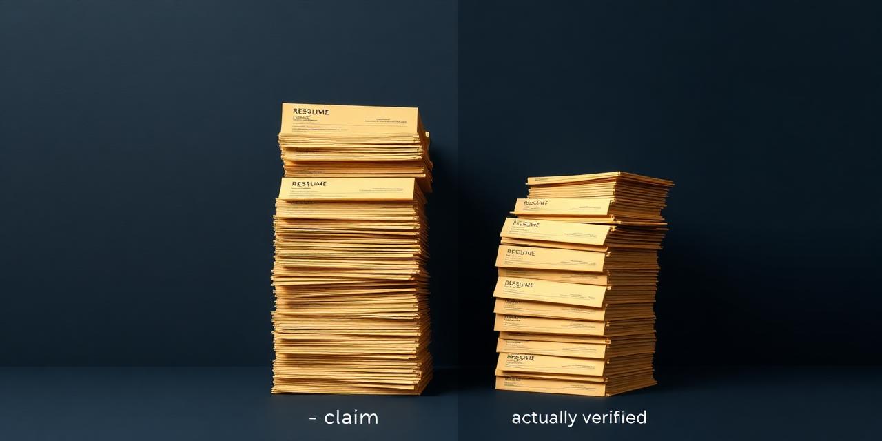 Editorial cover contrasting two stacks of resumes labeled 'claim' and 'actually verified', illustrating the gap between stated and practiced skills-based hiring.